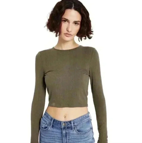 Tommy Jeans Women's Back Cutout Ribbed Long Sleeve Top Green Size Small NWT - Picture 1 of 13